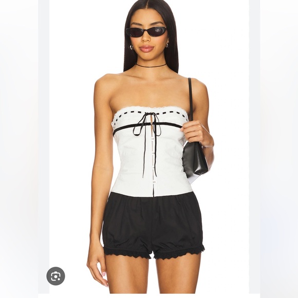 With Jean Tops - With Jean Sabrin White Eyelet Corset Top w/ Black Ribbon